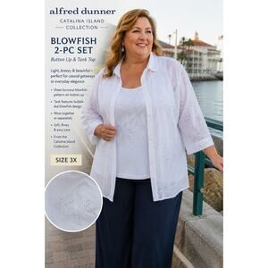 Alfred Dunner Catalina Island Blowfish Theme Coastal Resort White 2Pc Set 3X NWT